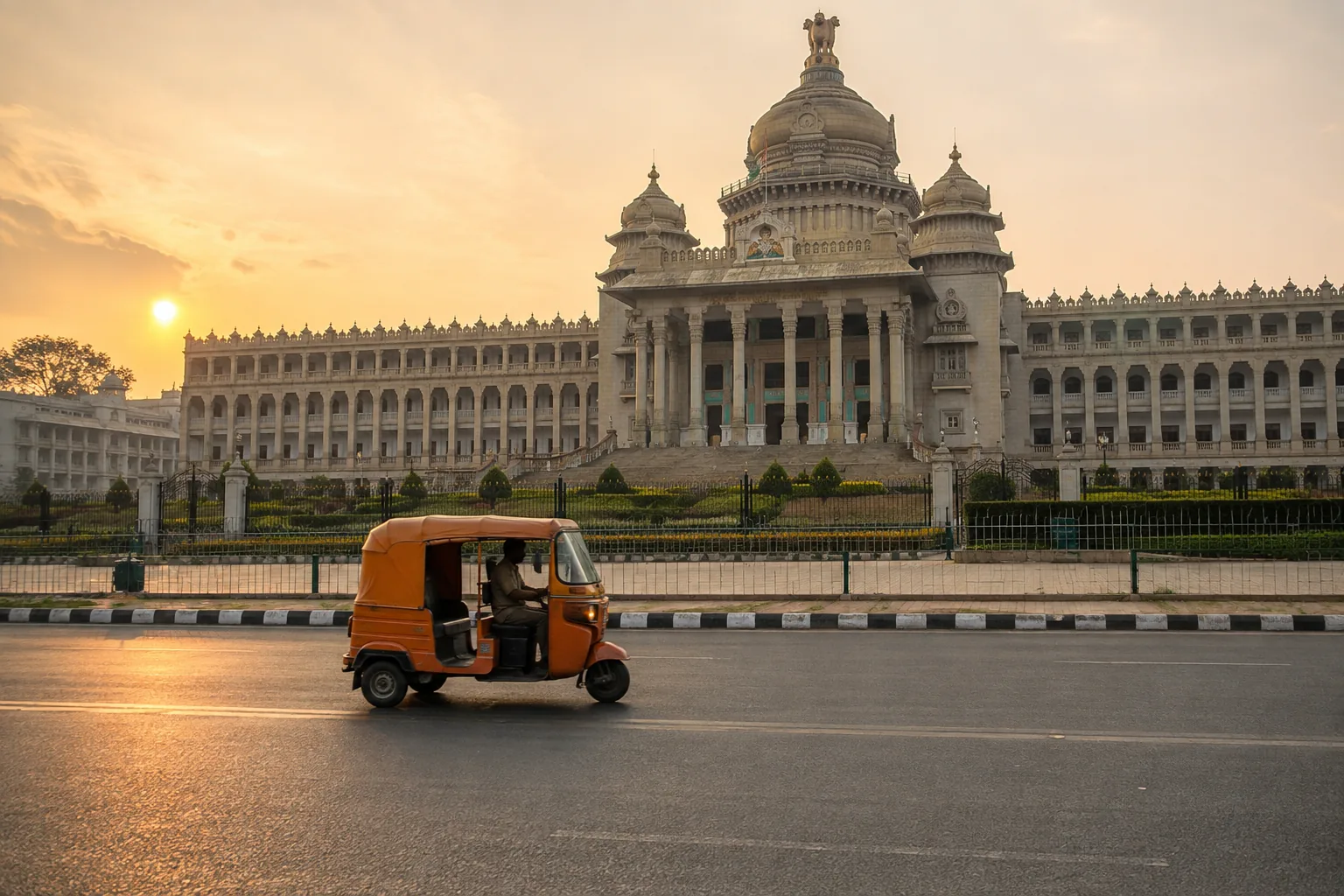 Vidhana Soudha in Bengaluru at golden hour, an auto-rickshaw on the road in front of it