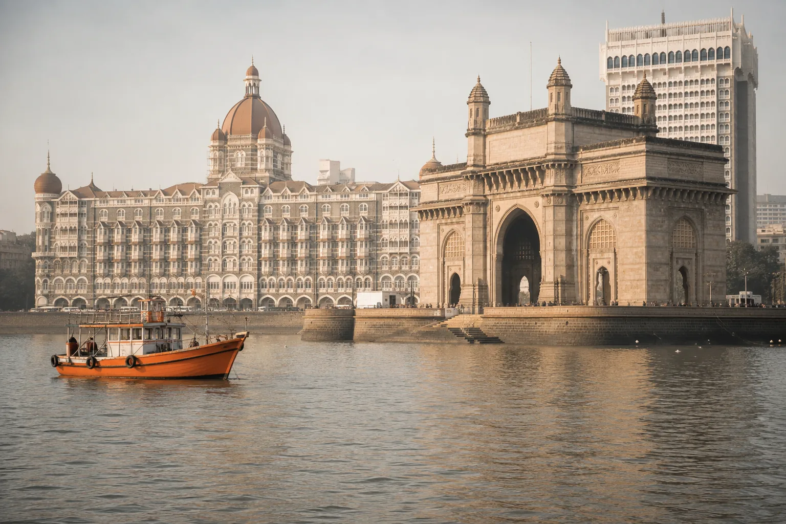 The Gateway of India in Mumbai, a fishing boat moored in front of it