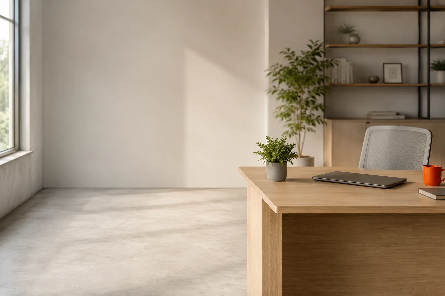 An office with daylight from a window on the left, a wooden desk and a plant.