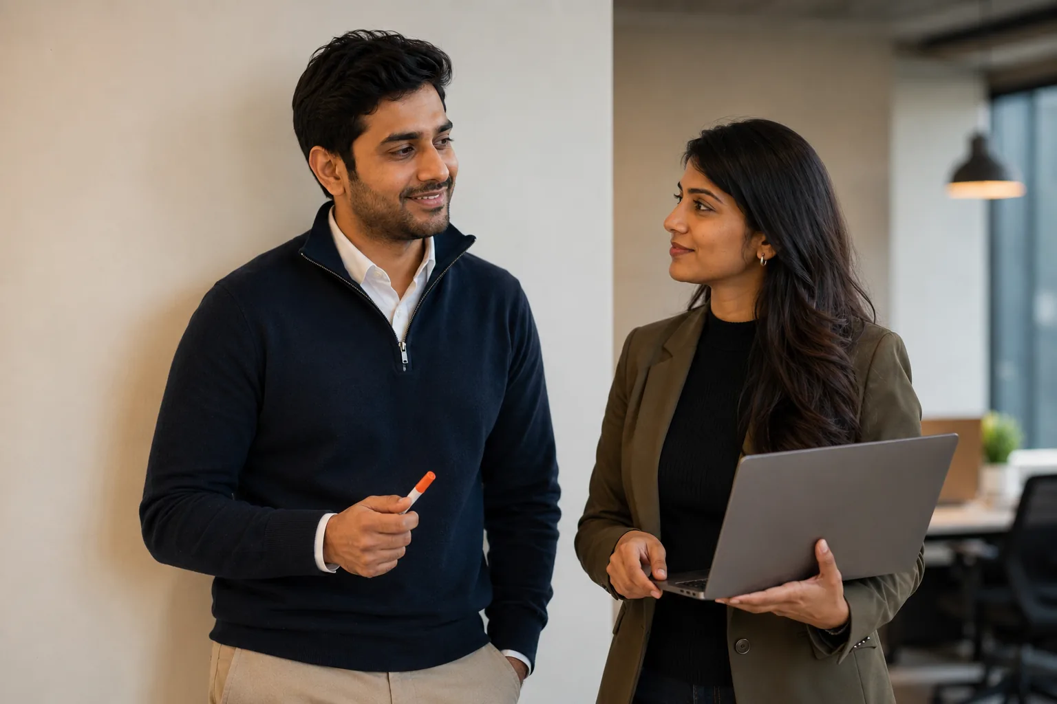 Two InstaSafe colleagues standing in conversation in the office