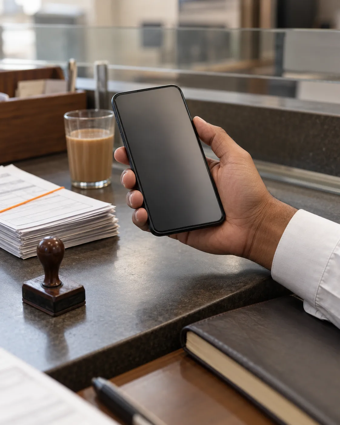 Phone held over a bank counter beside stacked forms
