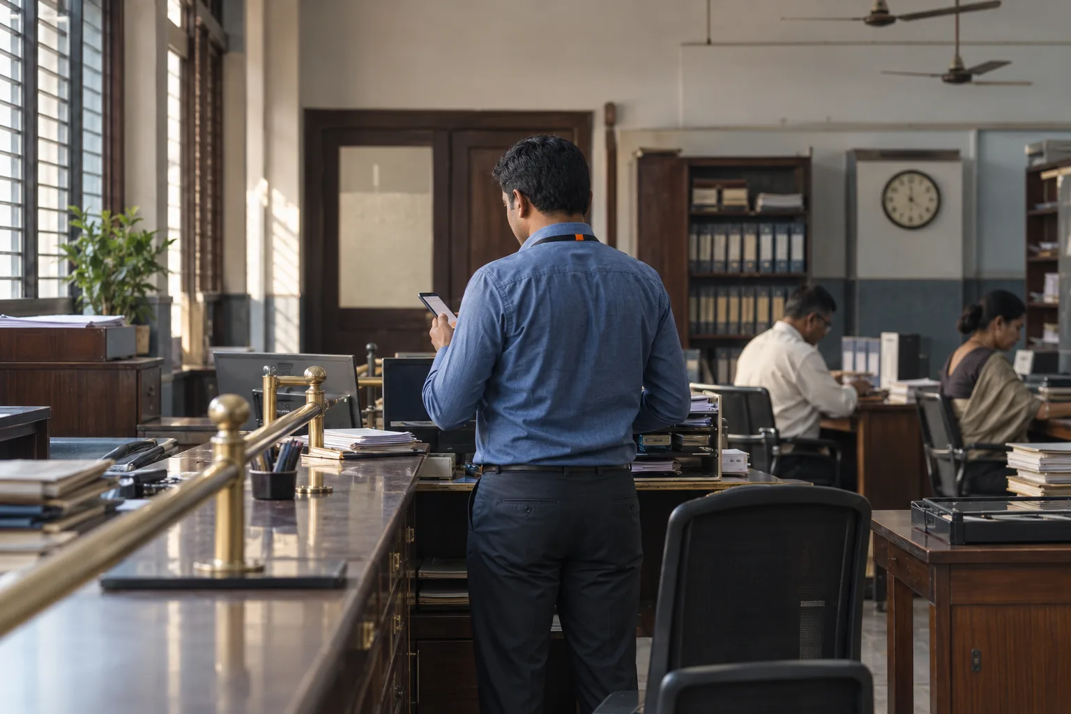Support engineer at a bank branch back-office counter