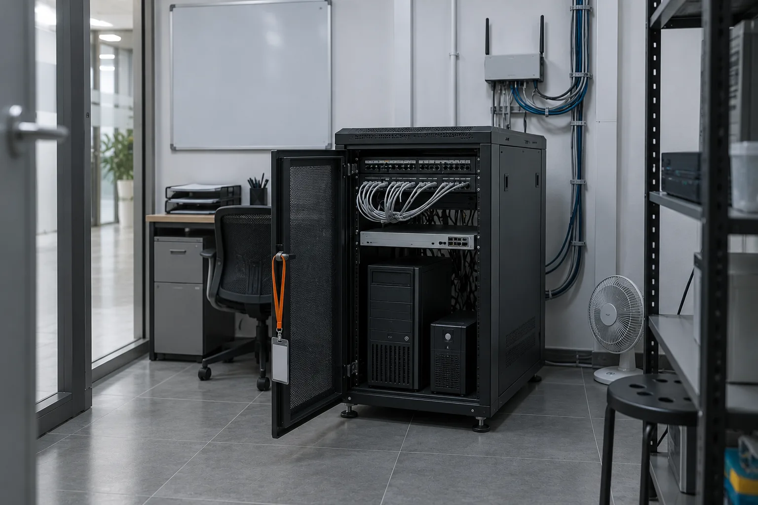 Open equipment rack in a branch communications room