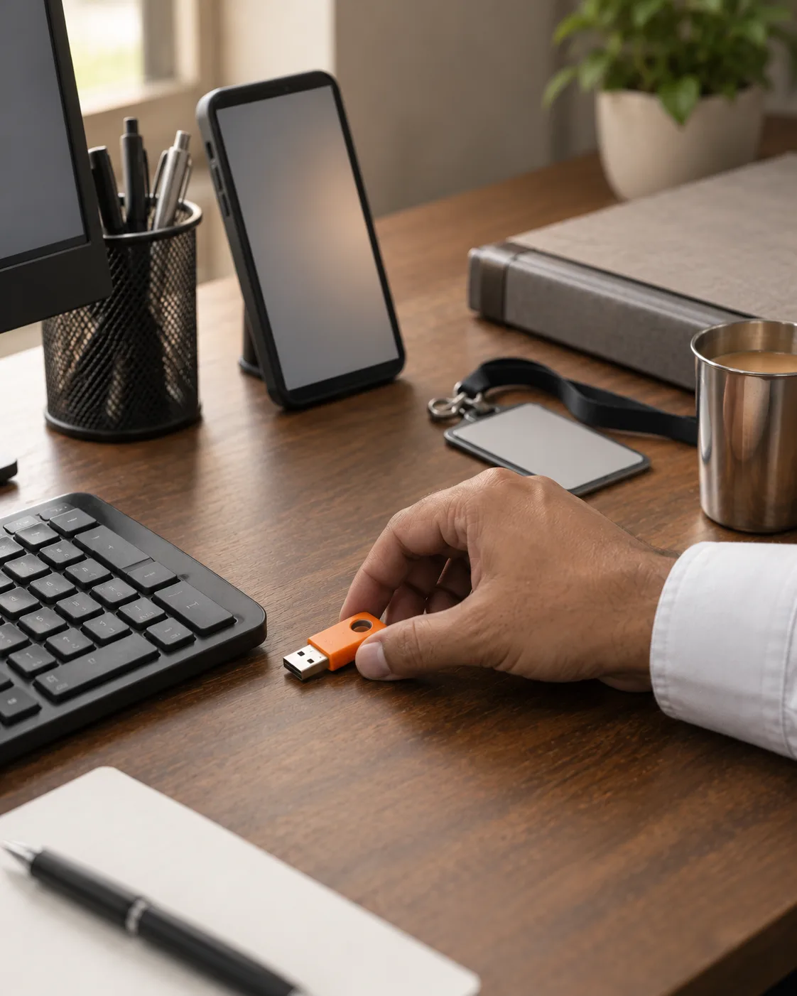 Hardware key set down beside a keyboard on an office desk