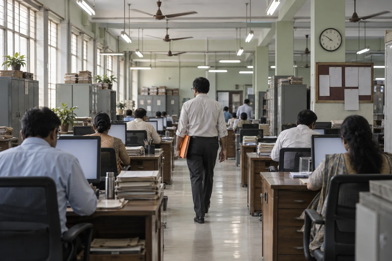 Employee carrying a file through a public-office hall