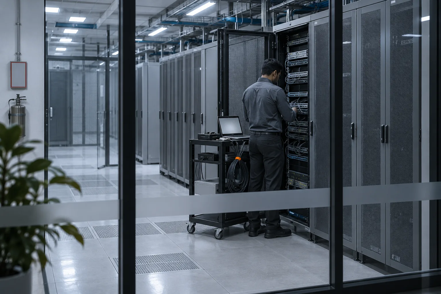 Engineer at an open equipment rack in a data-centre aisle
