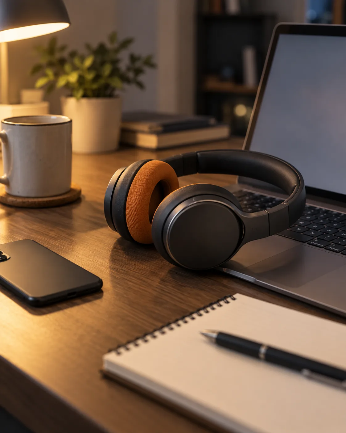 Headset resting against a laptop on a home desk