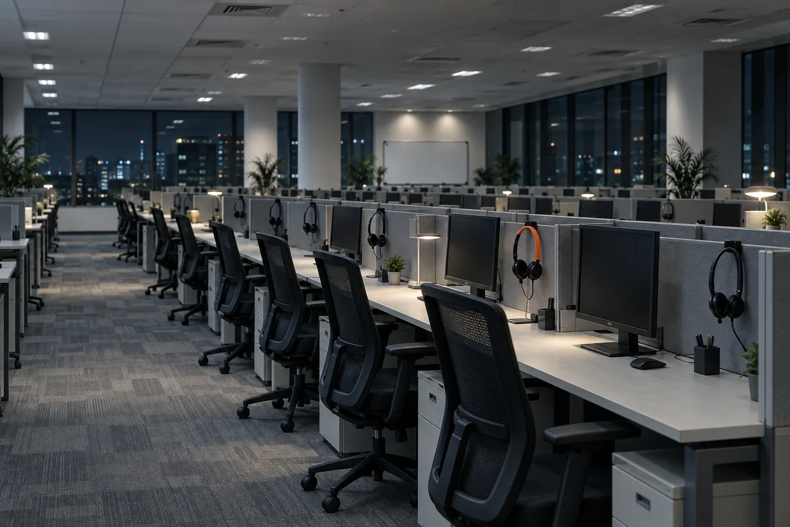 Empty contact-centre floor at night