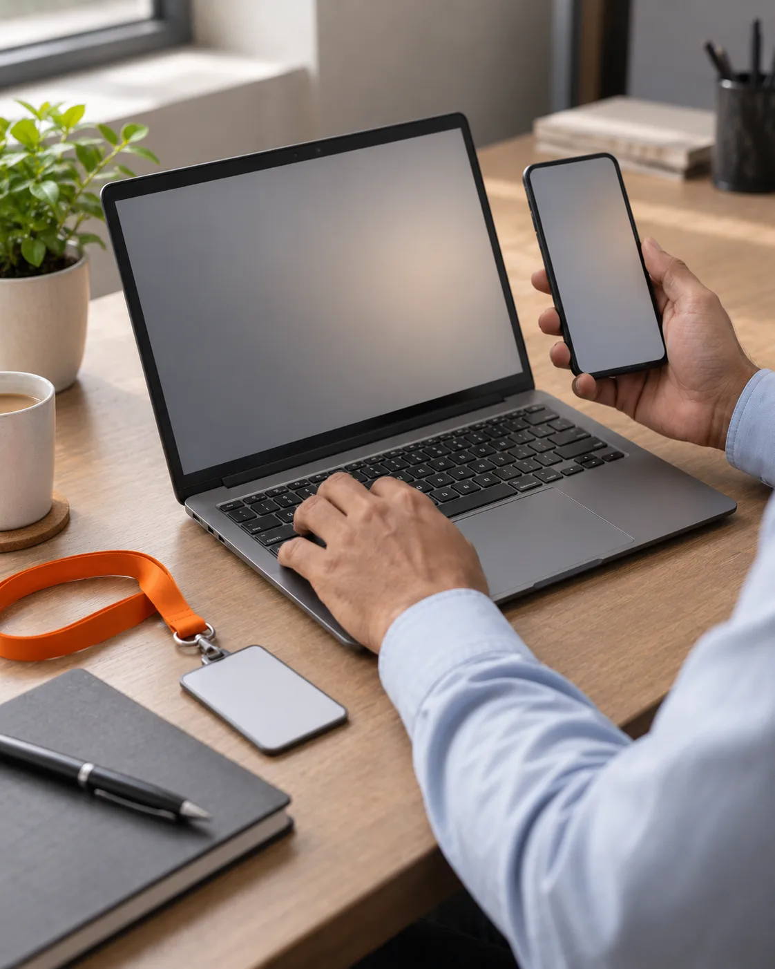 Phone held beside a laptop screen, identity card nearby
