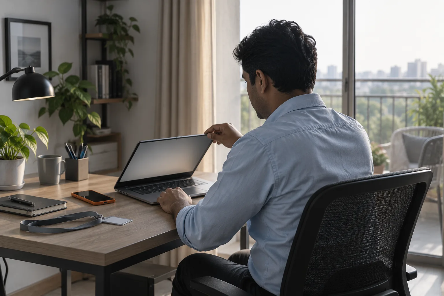 Employee opening a laptop at a home desk