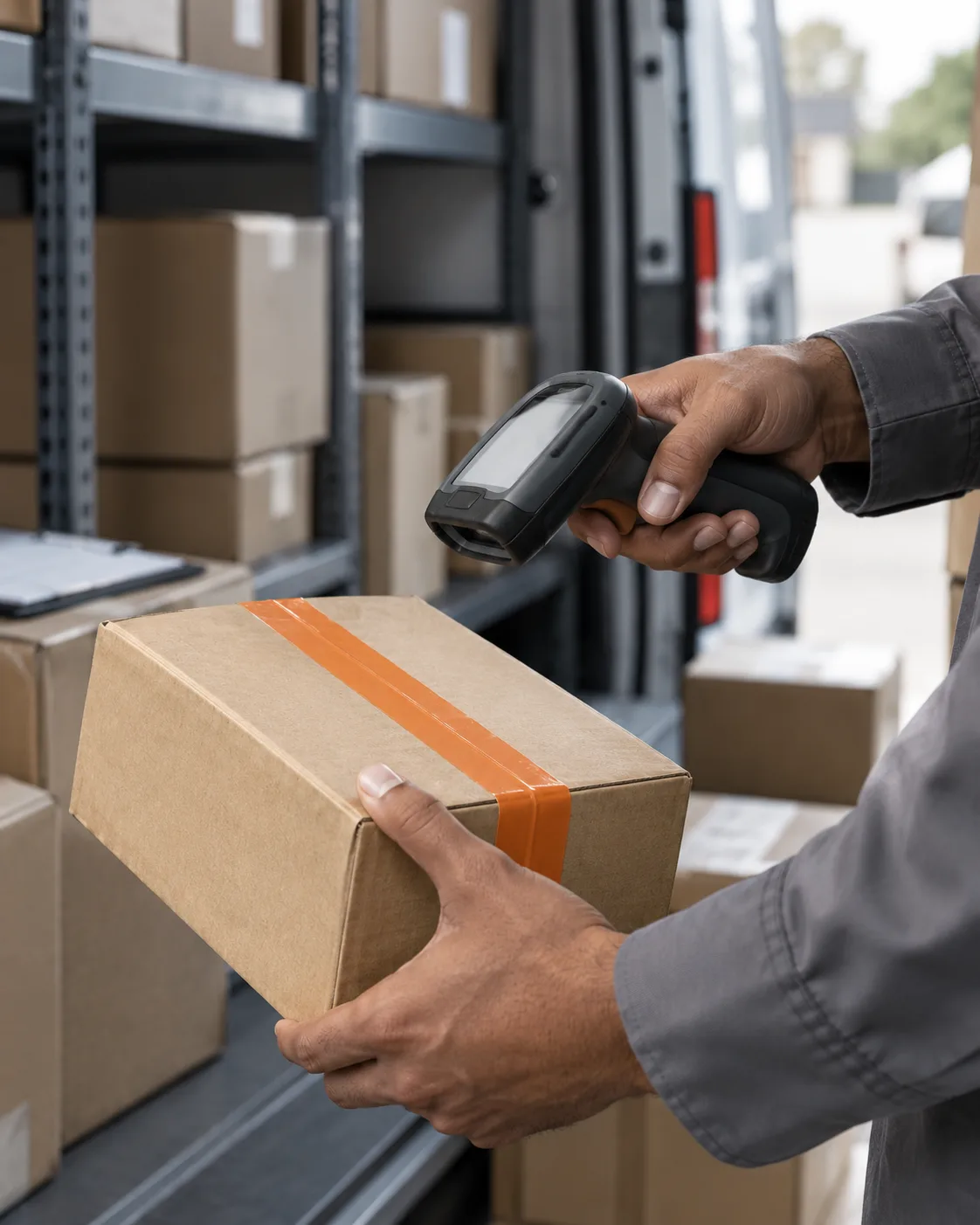 Courier scanning a parcel at the back of a delivery van