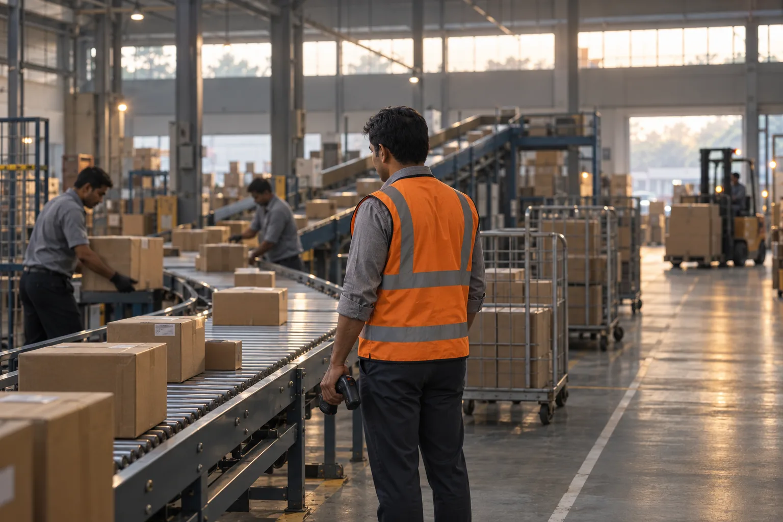 Supervisor watching parcels on a sorting-floor conveyor