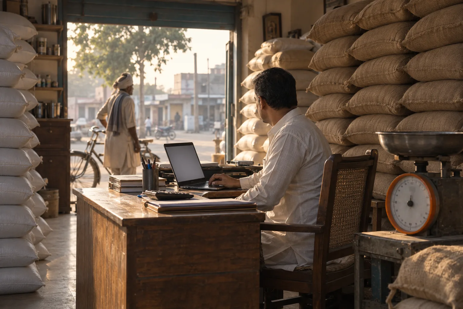 Dealer at a laptop on the counter of an agricultural-supplies shop