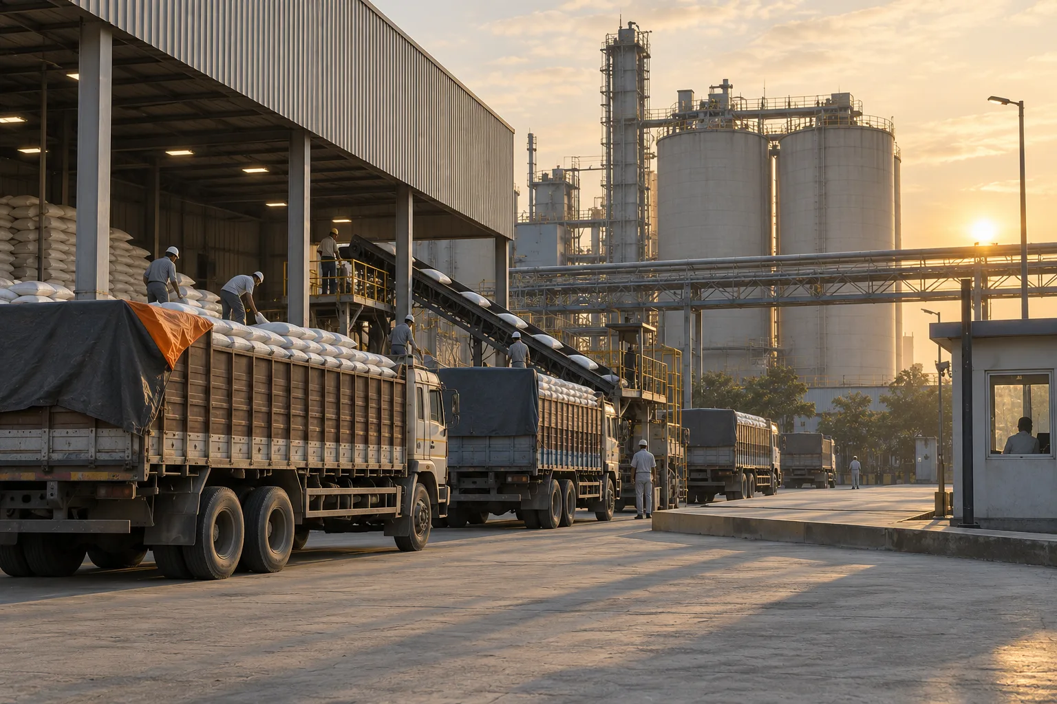 Trucks under a covered loading bay at a fertiliser plant