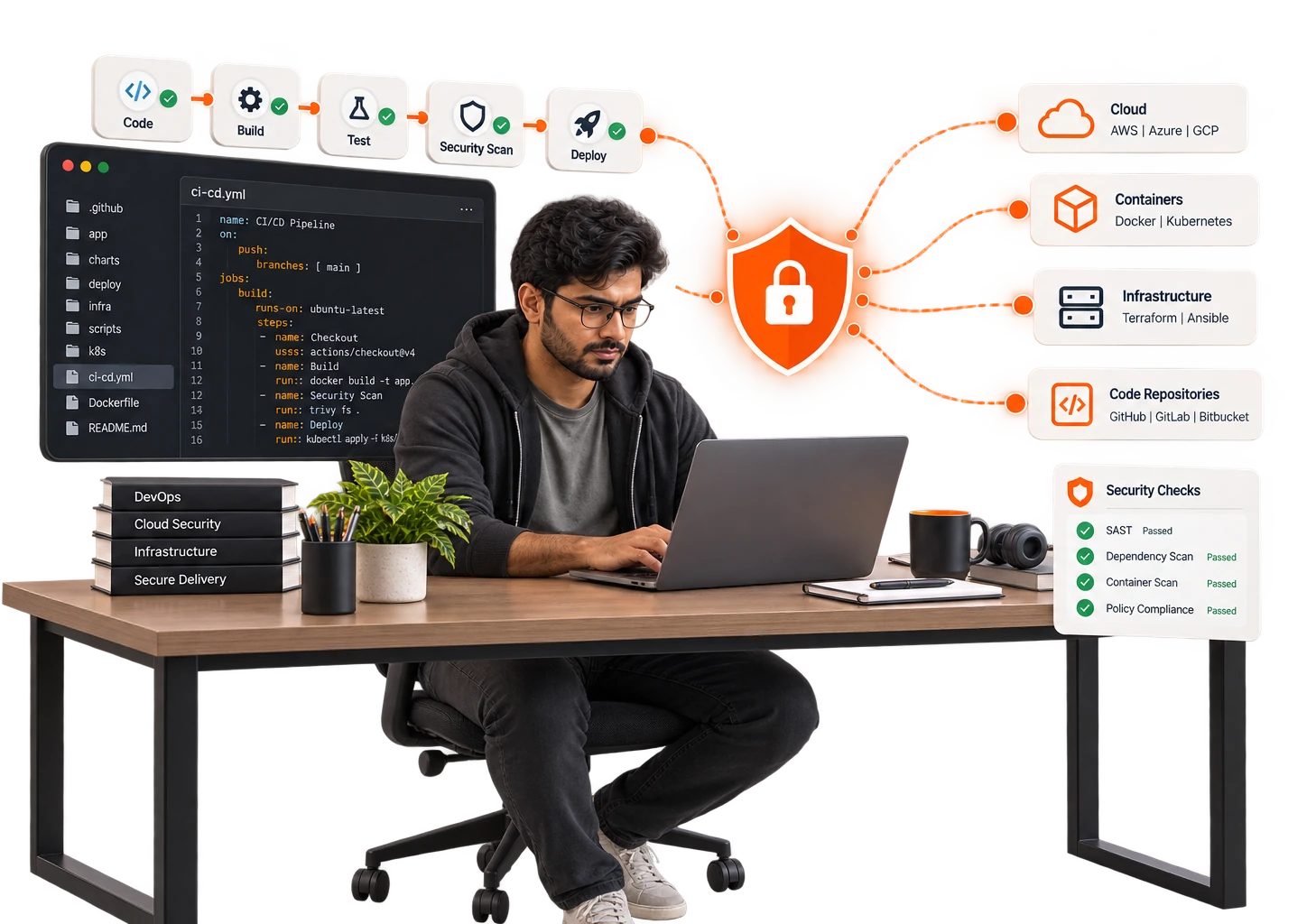 An engineer at a laptop, the pipeline drawn above him from code to build, test, security scan and deploy, with brokered access to cloud, containers, infrastructure and code repositories.