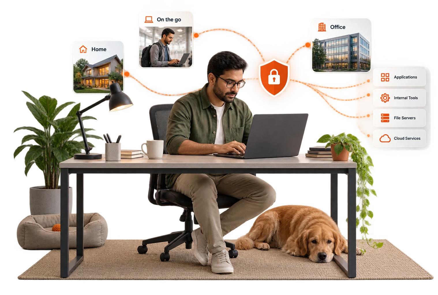 A man works from a home desk with his dog asleep underneath, the same policy following him between home, the road and the office.