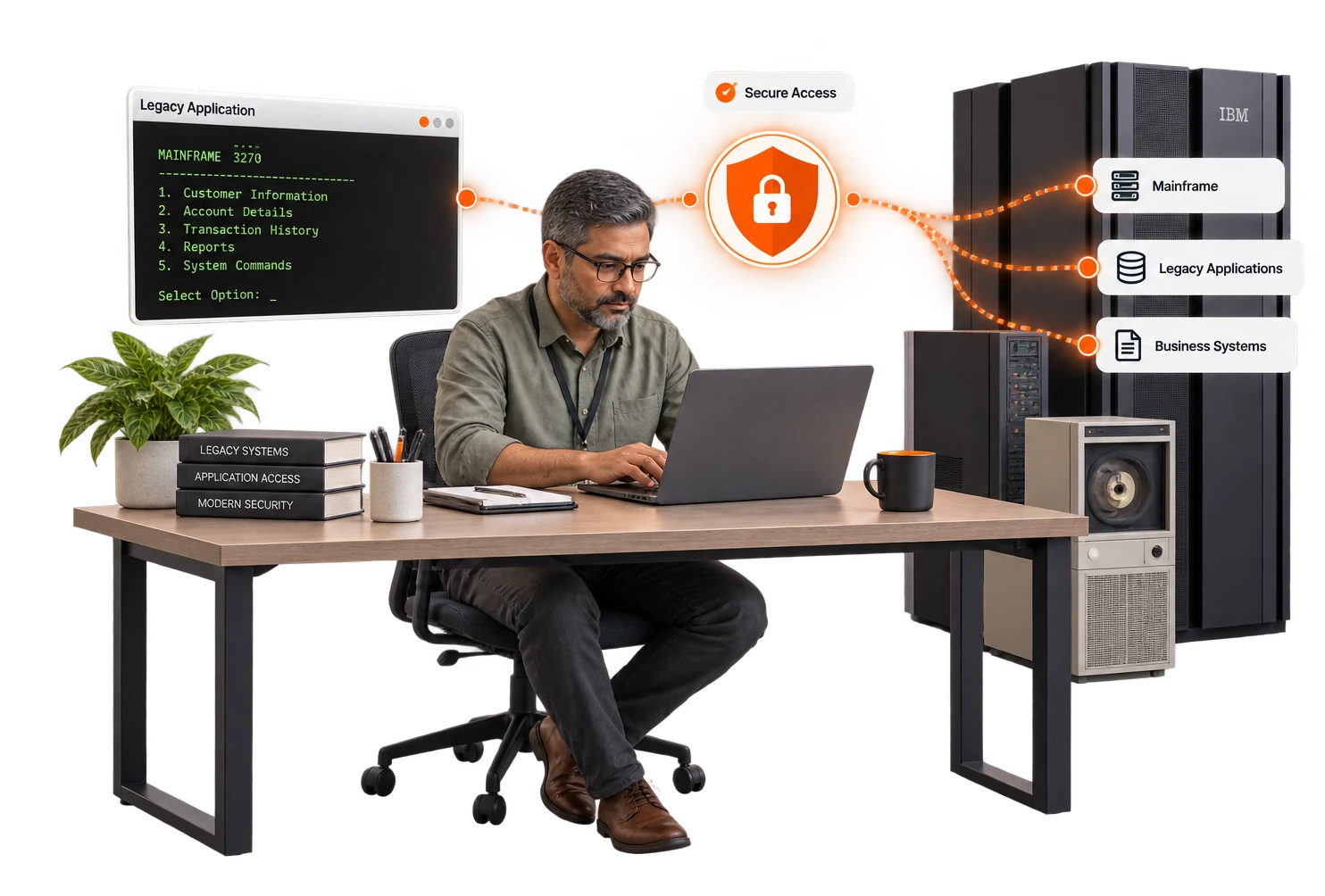A man works at a laptop between a green-screen mainframe terminal and the mainframe itself, the access check standing in front of both.
