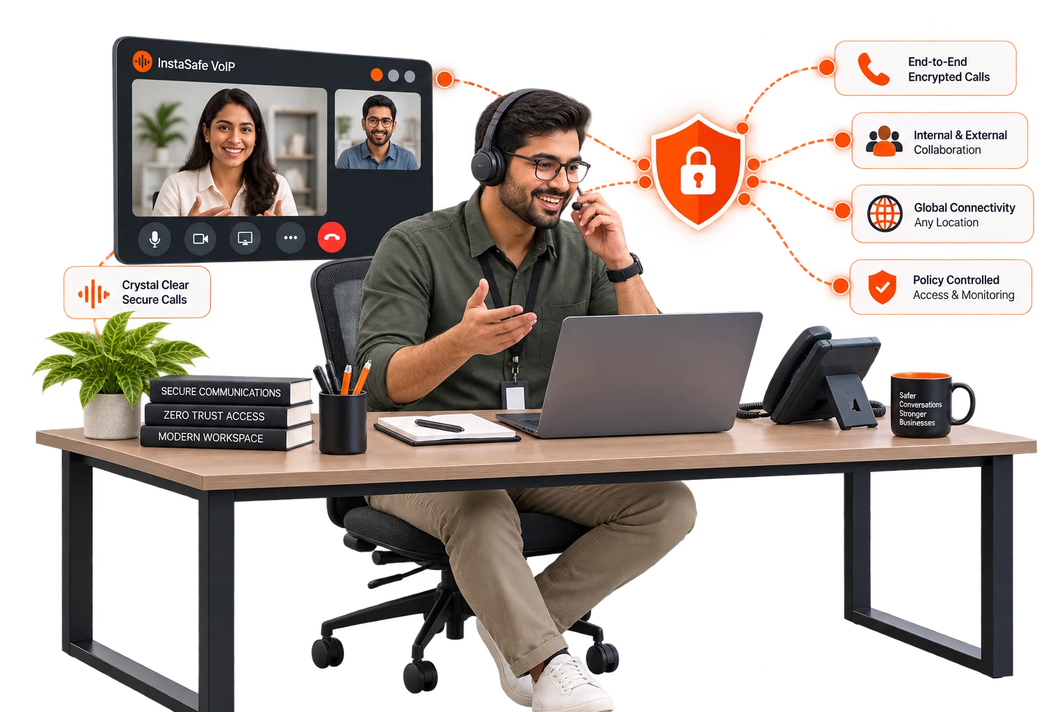 A man on a headset takes a video call while the encrypted voice path runs straight out to the people he is calling instead of through a concentrator.