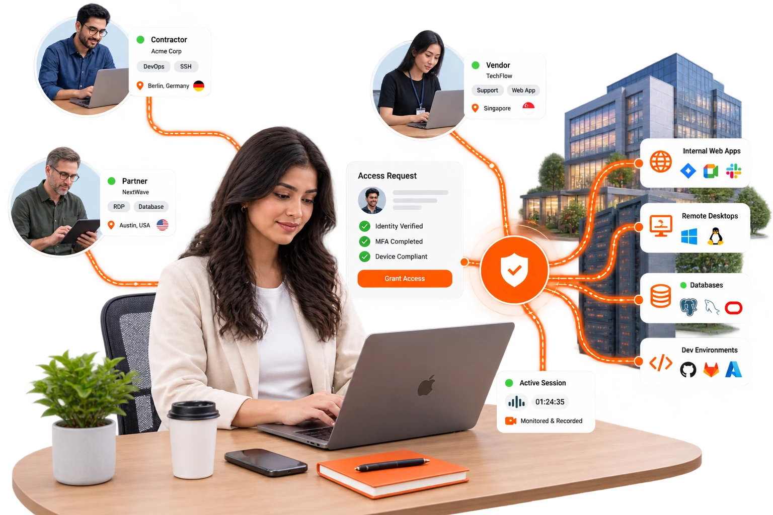 A woman approves an access request while a contractor, a vendor and a partner in three countries wait on scoped, recorded sessions into internal apps and dev environments.